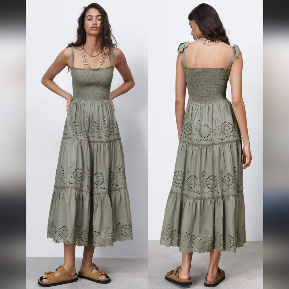 Zara Eyelet Smocked Maxi Dress